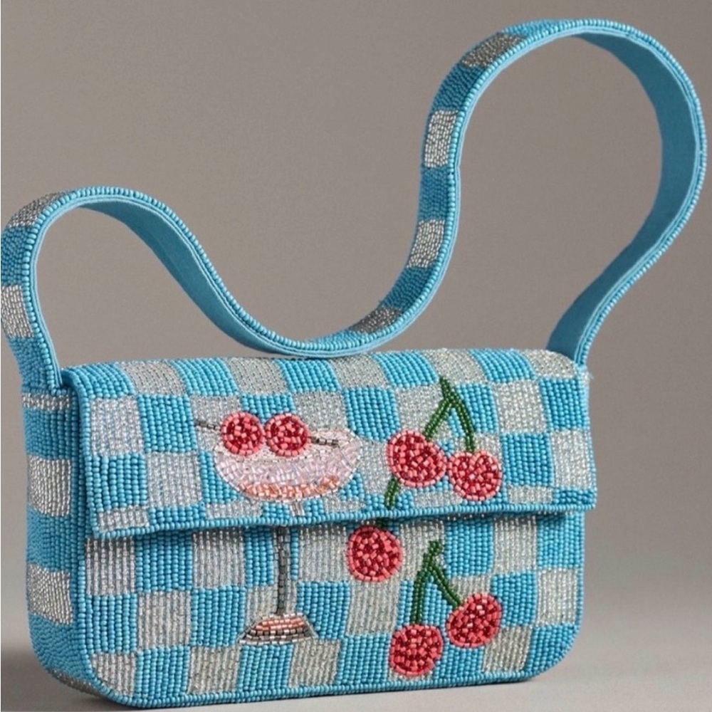 Anthropologie The Fiona Beaded Bag Food Drink Edition Cocktail Cherries Blue New